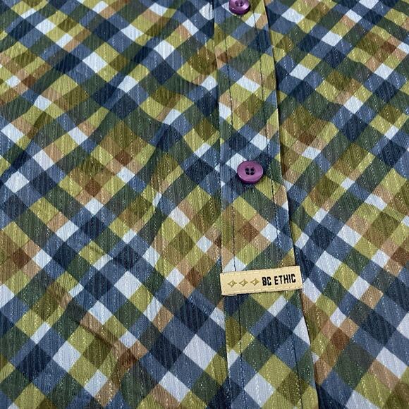 BC Ethic Men’s Lounge Club Shirt Lg Textured Shine Casual Windowpane Button - Picture 3 of 7